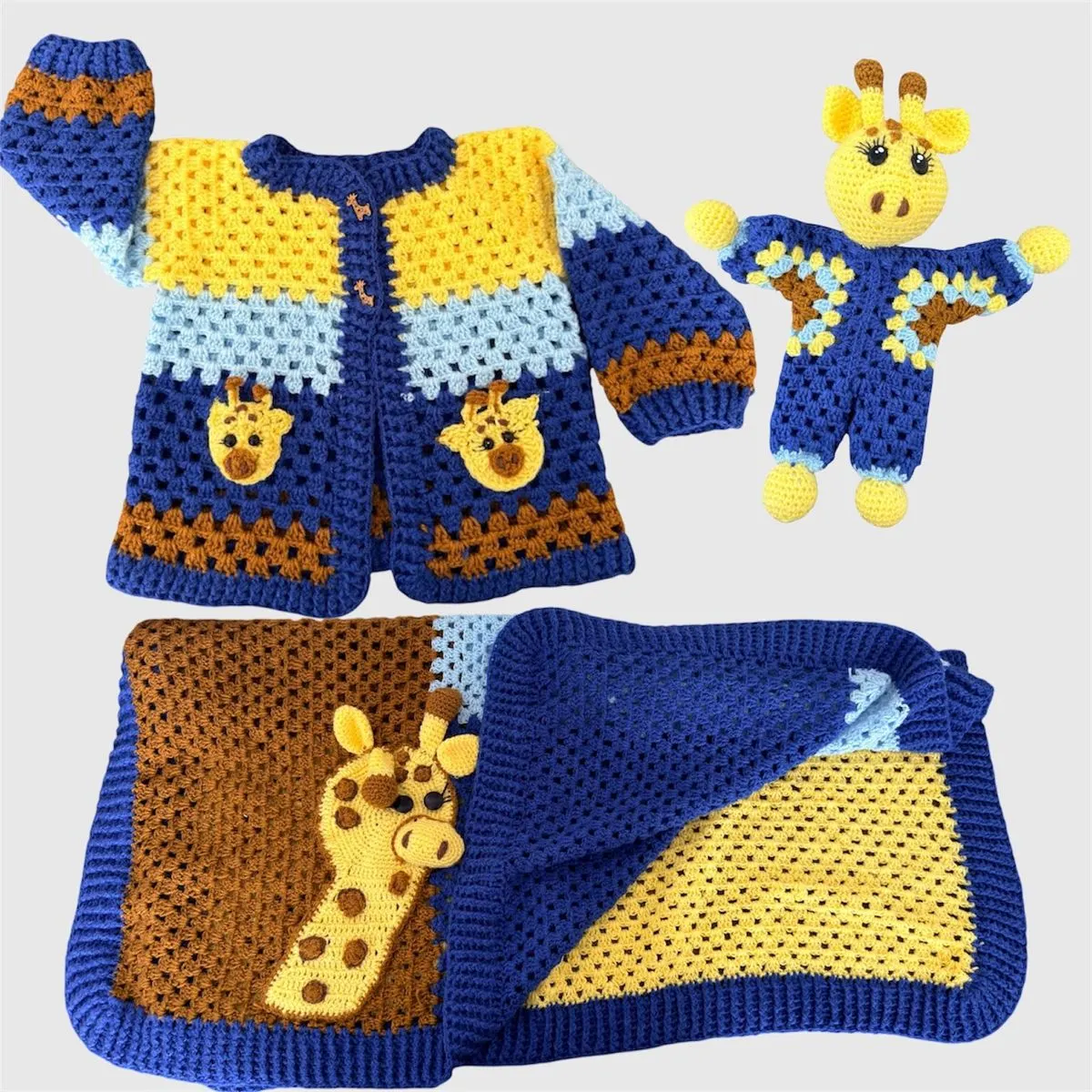 Kit de Regalo de Jirafa para Bebé – Jirafa de Apego, Chambrita y Cobija Tejidas a Mano