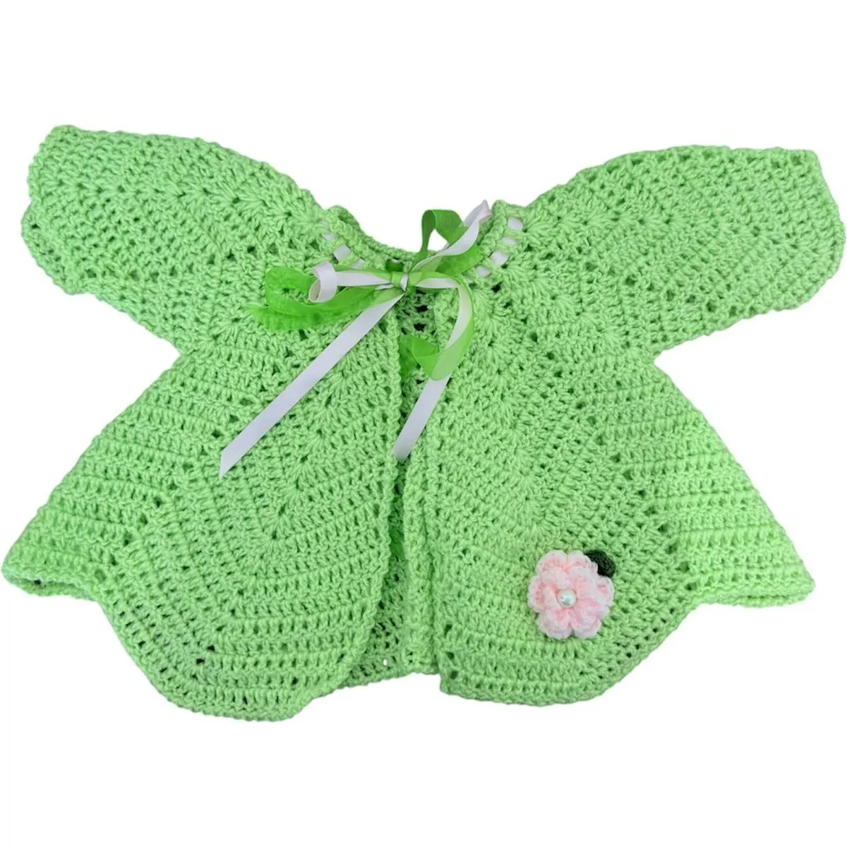 Chambrita Verde con Rosa para Bebé de 0 a 3 Meses – Tejida a Mano