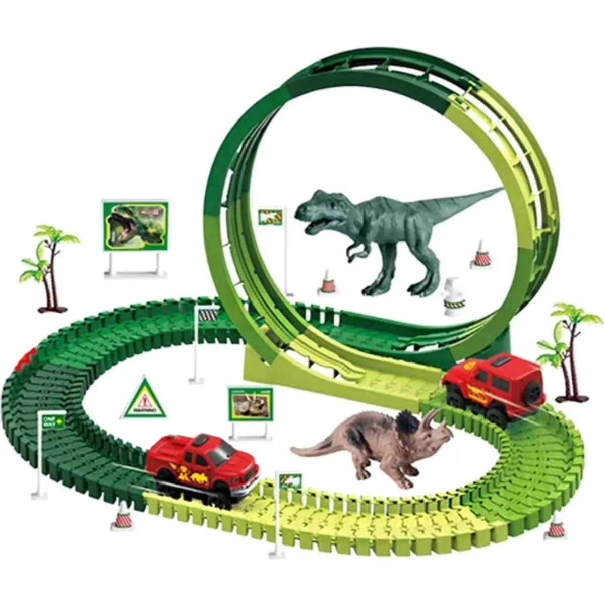 Pista flexible de dinosaurios con loop, autos y accesorios STEM para niños